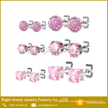 5mm 316L Stainless Steel Pink Shamballa Earrings Cubic Zircon Ear Studs